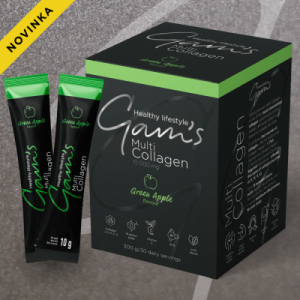 Опаковка на мултиколаген на прах GAM'S Multi-Collagen с вкус на ябълка, представена с резени сочна зелена ябълка и нежна водна текстура.