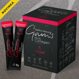 Опаковка на мултиколаген на прах GAM'S Multi-Collagen с вкус на ягода, обградена от свежи сочни ягоди и нежни розови водни пръски.