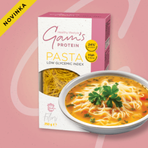 Опаковка премиум фитнес паста Gam's Protein Pasta Filini – ситни и тънки протеинови филини (фиде) от твърда пшеница и брашно от лупина, идеални за супи.
