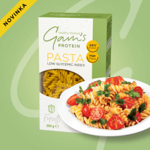 Опаковка премиум фитнес паста Gam's Protein Pasta Fusilli – спираловидни протеинови фузили от твърда пшеница и брашно от лупина, с перфектна форма за задържане на сосове.
