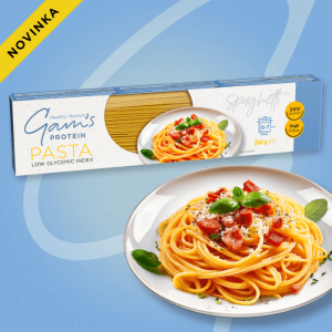 Опаковка премиум фитнес паста Gam's Protein Pasta Spaghetti – висококачествени изсушени протеинови спагети от твърда пшеница и брашно от лупина, с нисък гликемичен индекс.