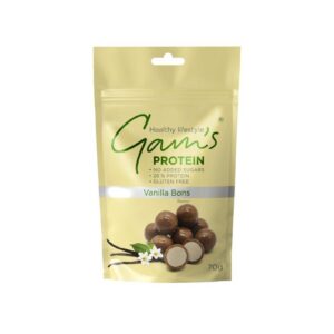 Протеинови бонбони Gam's Protein Bons Ванилия в жълта опаковка от 70 грама, 28% протеин, показани до шушулки ванилия и фини парчета млечен шоколад.