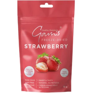 Опаковка здравословен плодов снакс Gam's Freeze-Dried Strawberries – цели и едро нарязани хрупкави лиофилизирани ягоди с ярък червен цвят, без добавена захар.