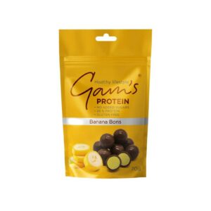 Опаковка от 70 грама протеинови бонбони Gam's Protein Bons с вкус на ванилия и банан, разрязани бонбони с мека жълта сърцевина и млечно шоколадово покритие.