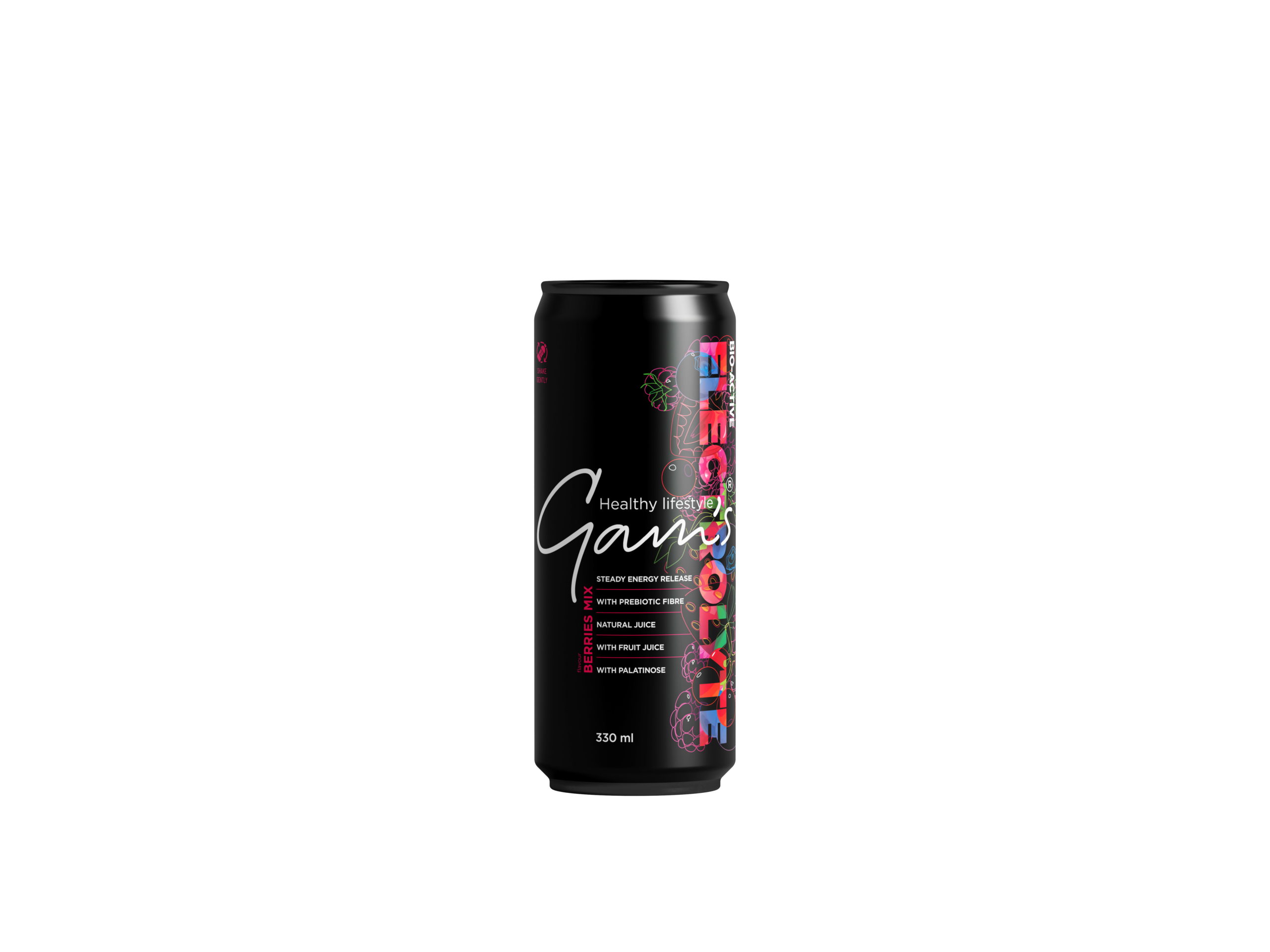 Бутилка от 330 мл активна спортна напитка Gam's Protein Active Drinks с електролити и вкус на горски плодове, с червен етикет.