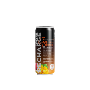 Бутилка от 330 мл функционална напитка Gam's Protein Recharge с вкус на манго и добавен магнезий, със свеж жълто-оранжев етикет.